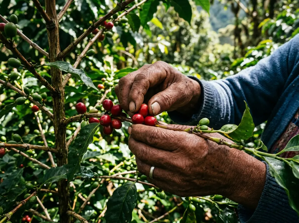 Manos de una cosechadora con cerezas maduras